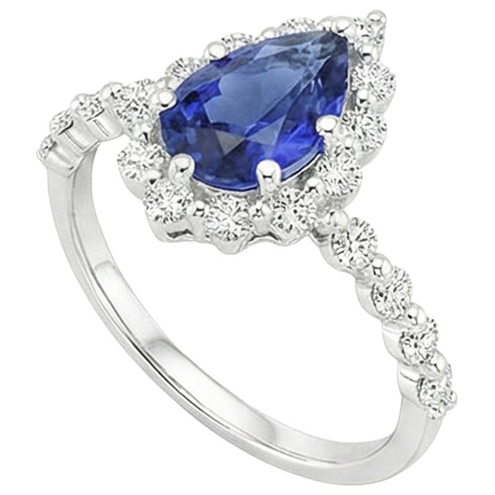 Halo Ring Flower Style Birne Blauer Saphir & Aus der Erde Abgebauter Natürlicher Diamanten 5 Karat