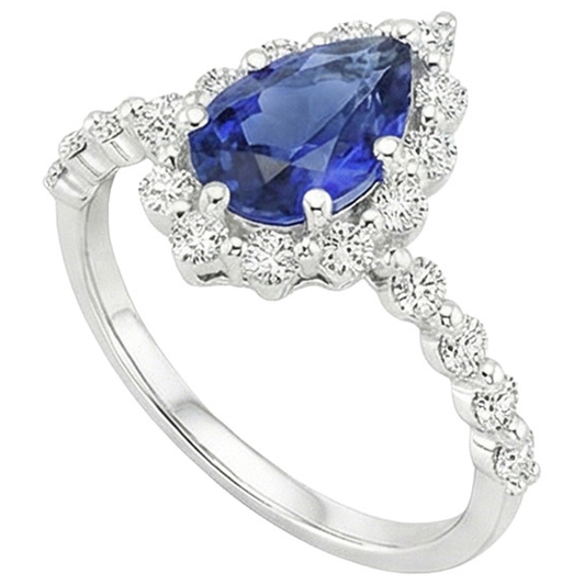 Halo Ring Flower Style Birne Blauer Saphir & Aus der Erde Abgebauter Natürlicher Diamanten 5 Karat