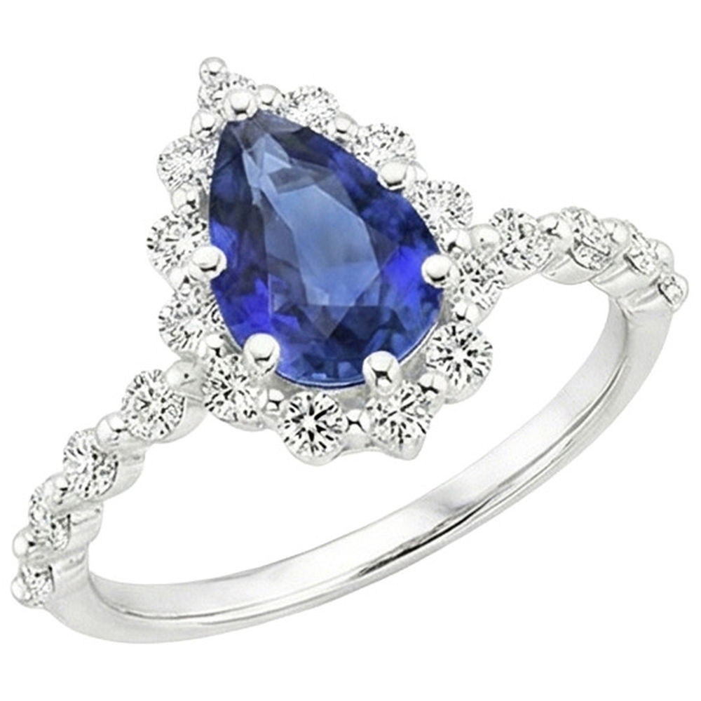 Halo Ring Flower Style Birne Blauer Saphir & Aus der Erde Abgebauter Natürlicher Diamanten 5 Karat