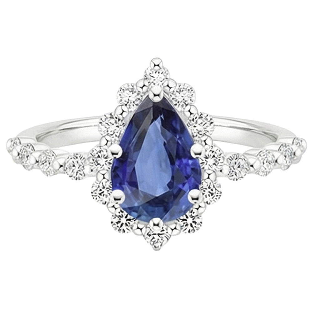 Halo Ring Flower Style Birne Blauer Saphir & Aus der Erde Abgebauter Natürlicher Diamanten 5 Karat