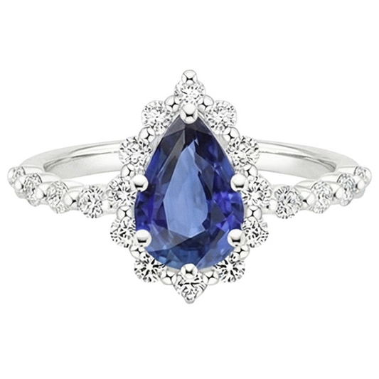 Halo Ring Flower Style Birne Blauer Saphir & Aus der Erde Abgebauter Natürlicher Diamanten 5 Karat