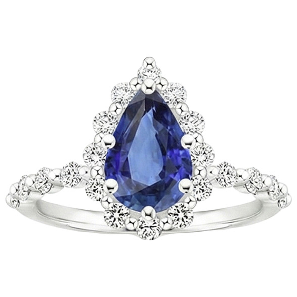 Halo Ring Flower Style Birne Blauer Saphir & Aus der Erde Abgebauter Natürlicher Diamanten 5 Karat