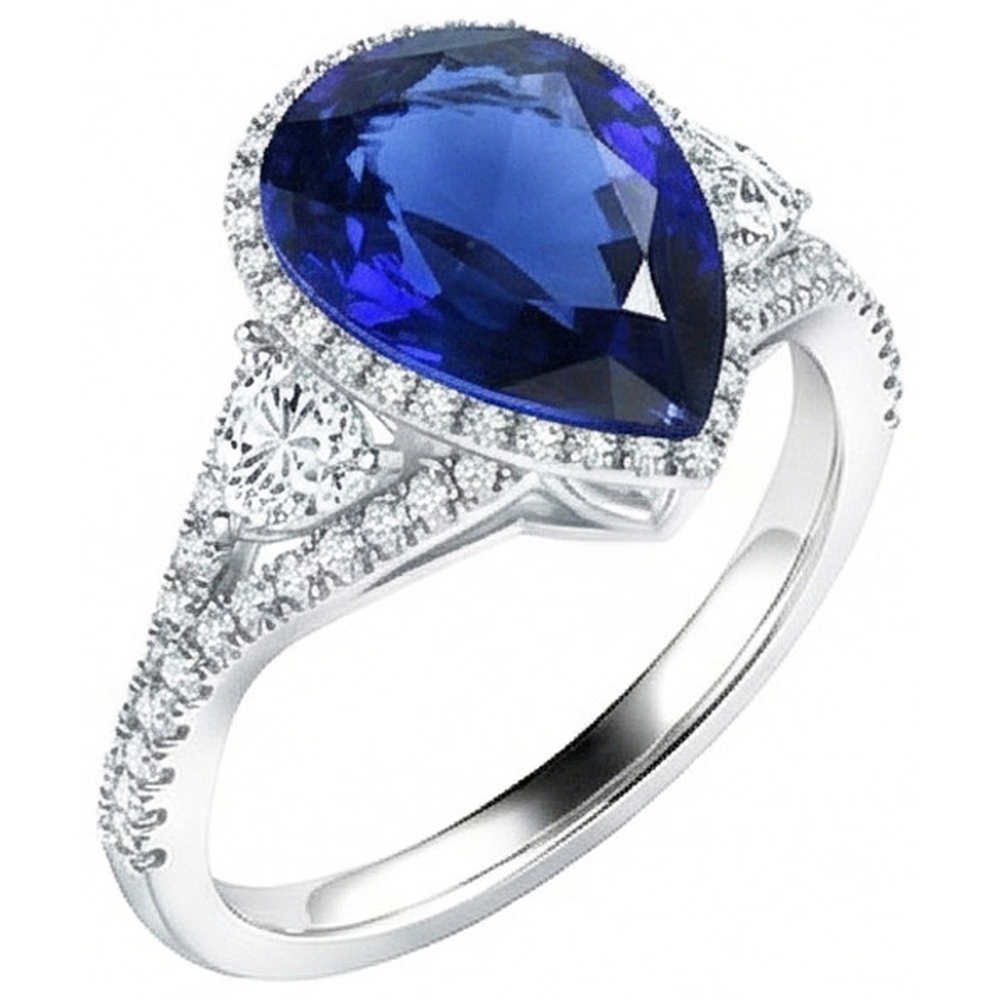 Halo Ring Lünette Set Birnenblauer Saphir & Natürlicher Diamant ( nicht im Labor gezüchtet ) Akzente 4 Karat