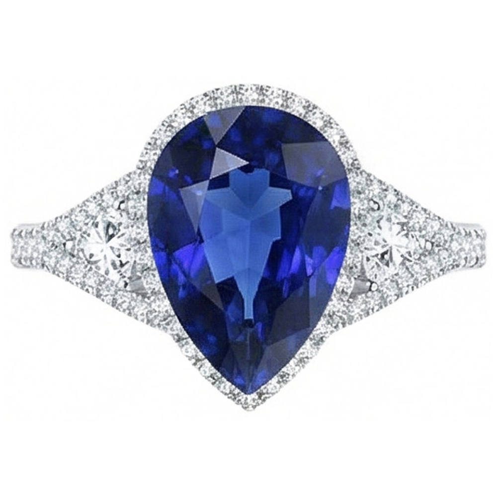 Halo Ring Lünette Set Birnenblauer Saphir & Natürlicher Diamant ( nicht im Labor gezüchtet ) Akzente 4 Karat
