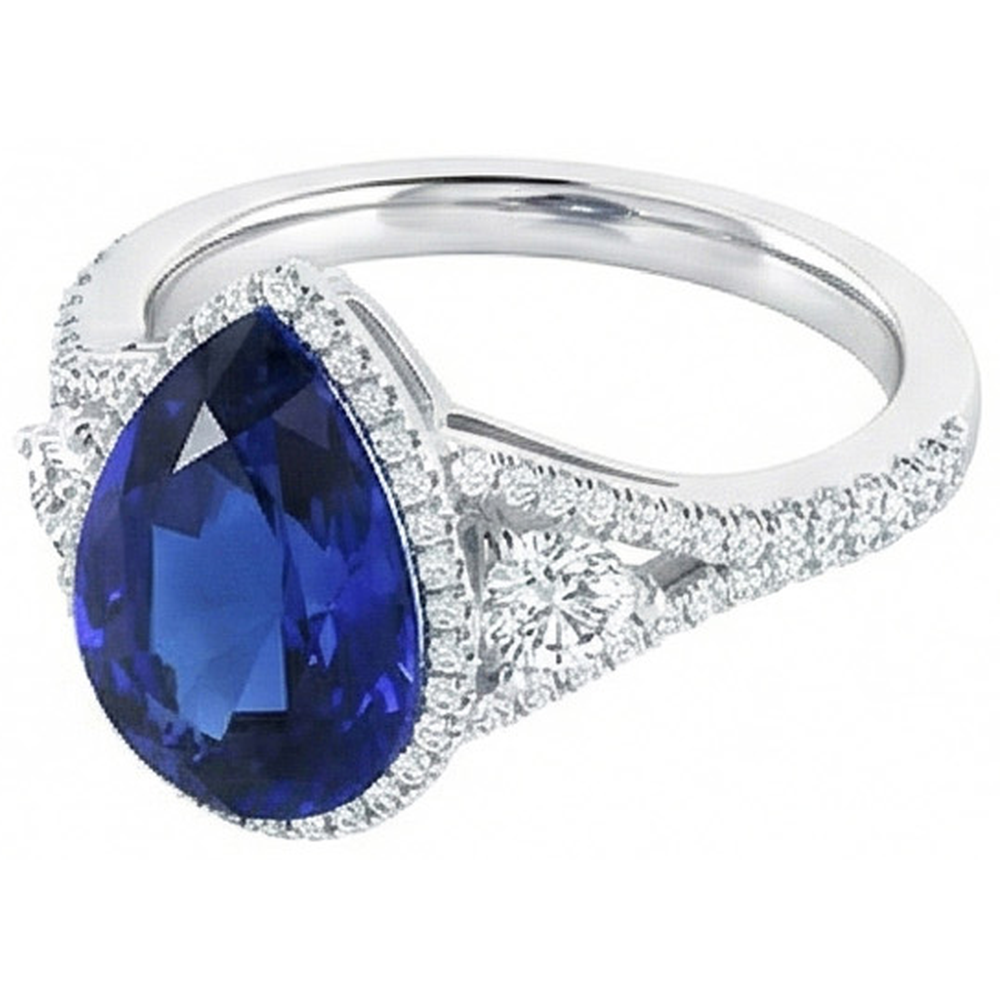 Halo Ring Lünette Set Birnenblauer Saphir & Natürlicher Diamant ( nicht im Labor gezüchtet ) Akzente 4 Karat