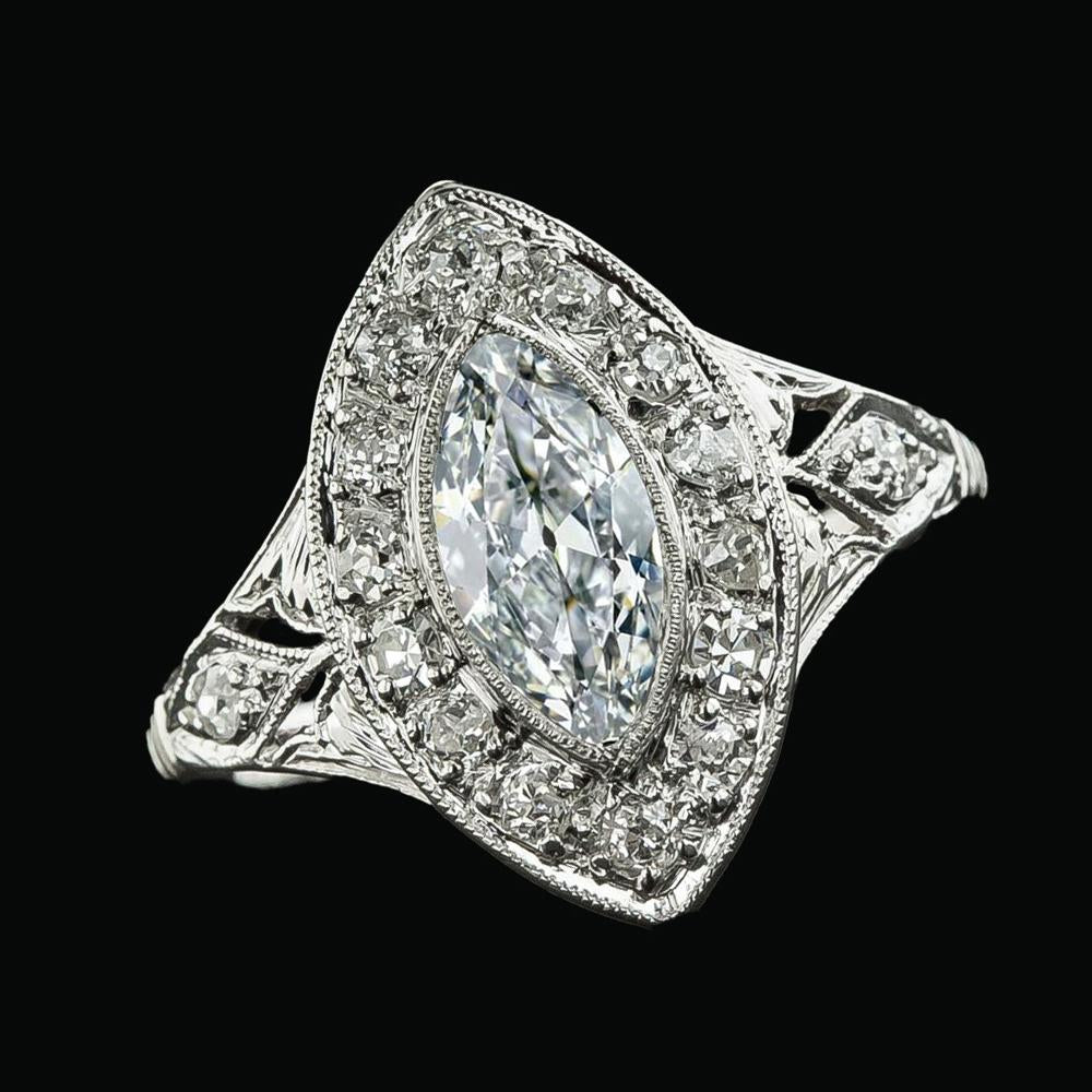 Halo Ring Marquise Old Mine Cut Echt Diamant Lünette Set Milgrain 6 Karat