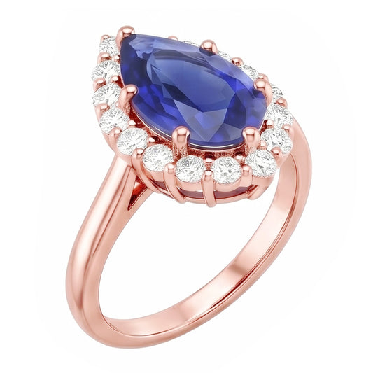 Halo Ring Roségold Birnenform Blauer Saphir & Aus der Erde Abgebauter Natürlicher Diamanten 3.75 Karat