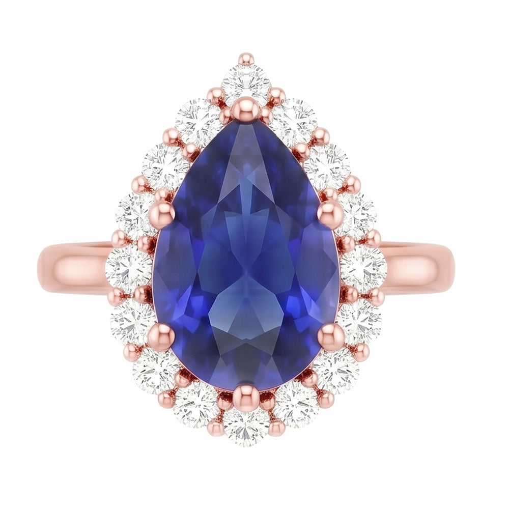 Halo Ring Roségold Birnenform Blauer Saphir & Aus der Erde Abgebauter Natürlicher Diamanten 3.75 Karat
