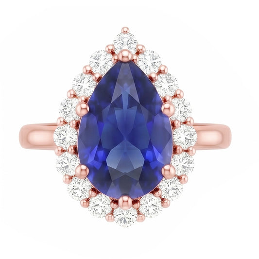 Halo Ring Roségold Birnenform Blauer Saphir & Aus der Erde Abgebauter Natürlicher Diamanten 3.75 Karat
