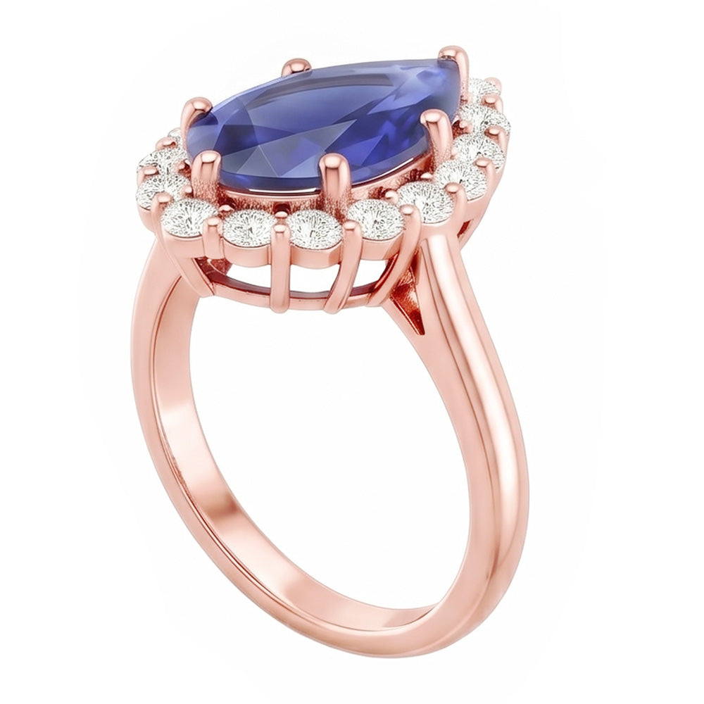 Halo Ring Roségold Birnenform Blauer Saphir & Aus der Erde Abgebauter Natürlicher Diamanten 3.75 Karat