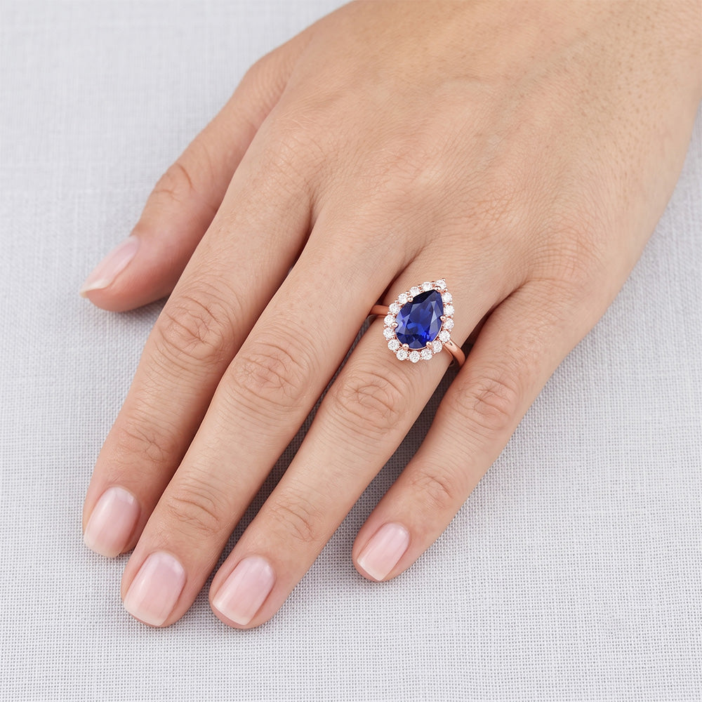 Halo Ring Roségold Birnenform Blauer Saphir & Aus der Erde Abgebauter Natürlicher Diamanten 3.75 Karat