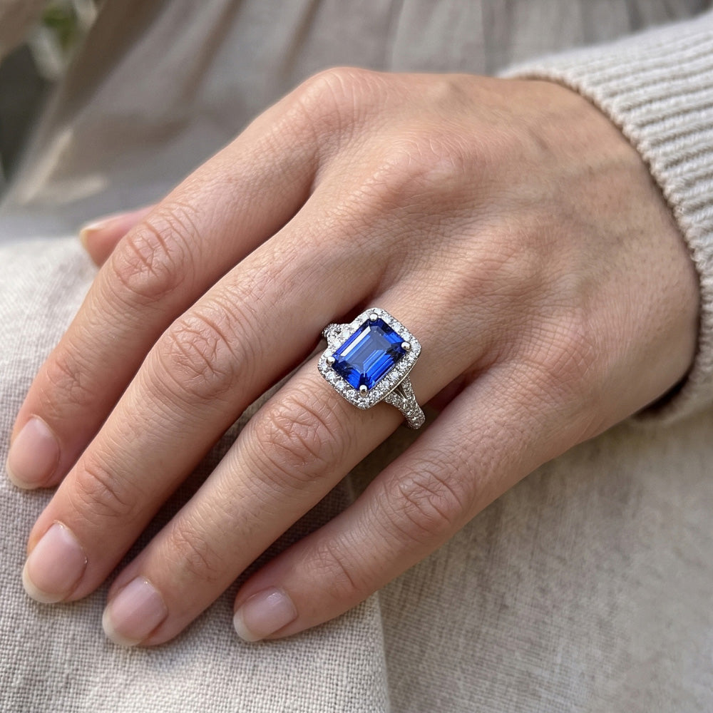 Halo Ring Smaragd Sri Lanka Saphir & Aus der Erde Abgebauter Natürlicher Diamant 4,50 Karat