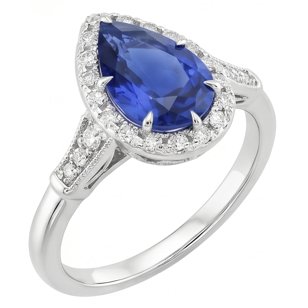 Halo Ring Vintage Style Birne Sri Lanka Saphir & Aus der Erde Abgebauter Natürlicher Diamanten 3,50 Karat