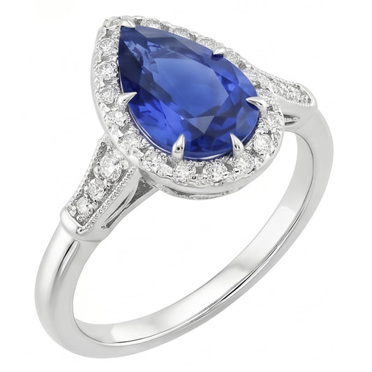Halo Ring Vintage Style Birne Sri Lanka Saphir & Aus der Erde Abgebauter Natürlicher Diamanten 3,50 Karat