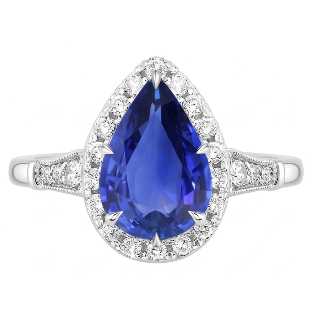 Halo Ring Vintage Style Birne Sri Lanka Saphir & Aus der Erde Abgebauter Natürlicher Diamanten 3,50 Karat