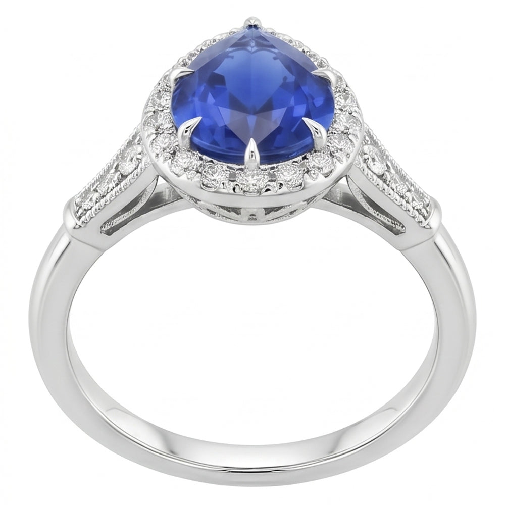 Halo Ring Vintage Style Birne Sri Lanka Saphir & Aus der Erde Abgebauter Natürlicher Diamanten 3,50 Karat