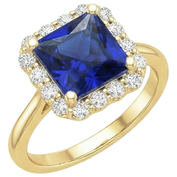Halo-Ring aus Gelbgold mit Aus der Erde Abgebauter Natürlicher Diamanten und blauem Saphir im Princess-Schliff 6 Karat