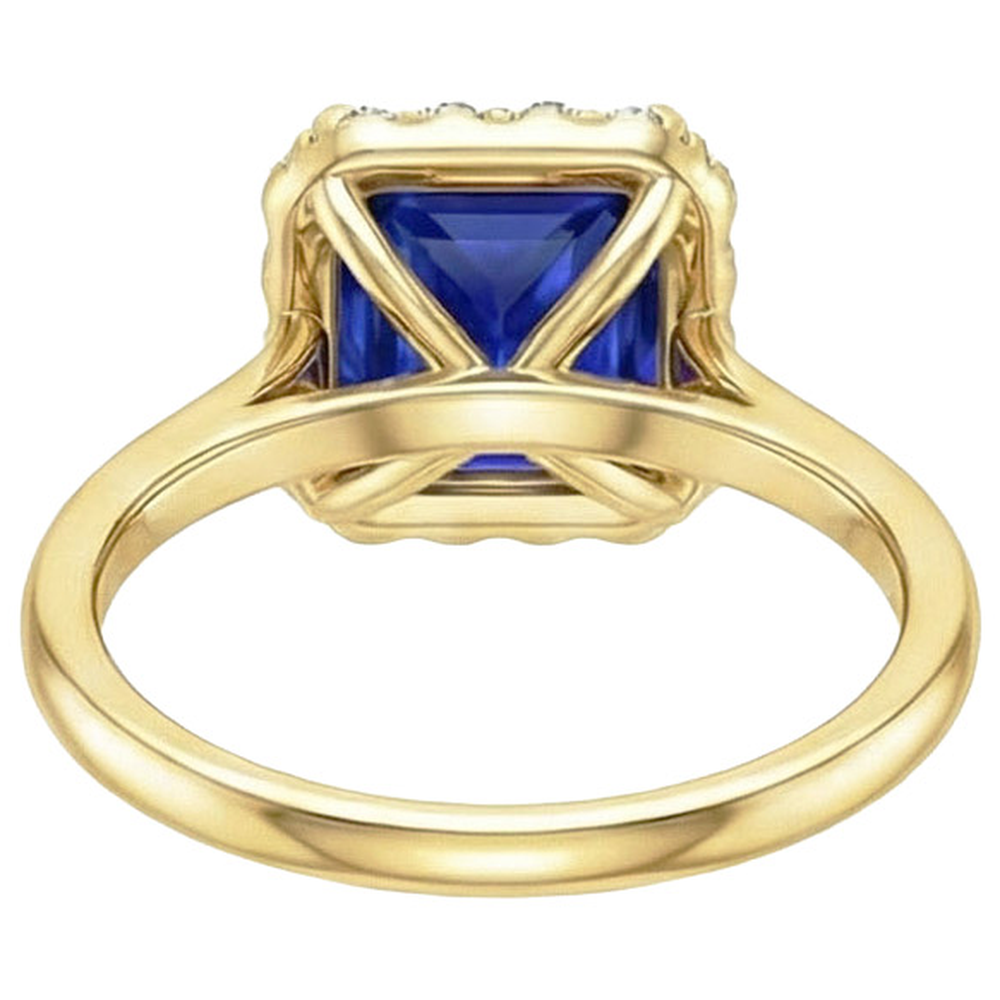 Halo-Ring aus Gelbgold mit Aus der Erde Abgebauter Natürlicher Diamanten und blauem Saphir im Princess-Schliff 6 Karat