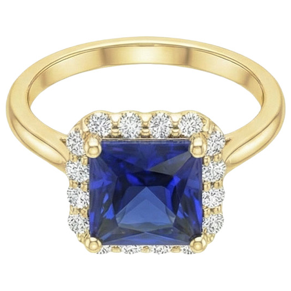 Halo-Ring aus Gelbgold mit Aus der Erde Abgebauter Natürlicher Diamanten und blauem Saphir im Princess-Schliff 6 Karat