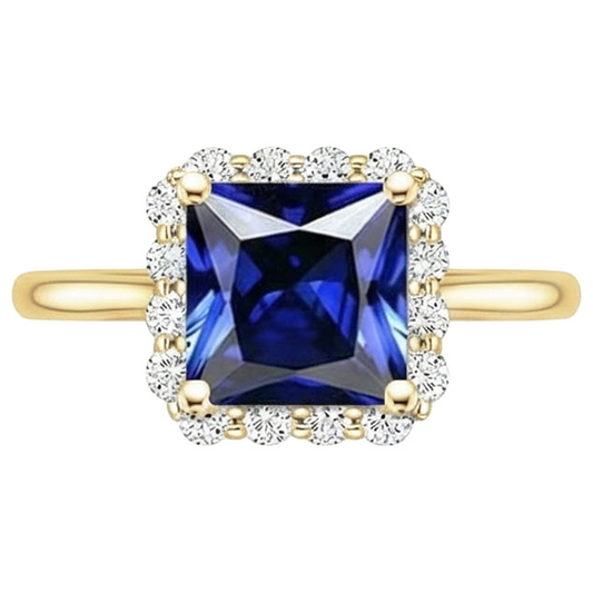 Halo-Ring aus Gelbgold mit Aus der Erde Abgebauter Natürlicher Diamanten und blauem Saphir im Princess-Schliff 6 Karat