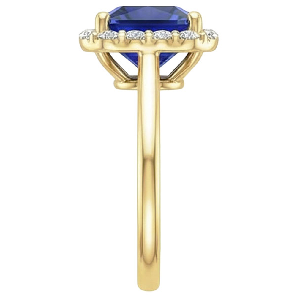 Halo-Ring aus Gelbgold mit Aus der Erde Abgebauter Natürlicher Diamanten und blauem Saphir im Princess-Schliff 6 Karat