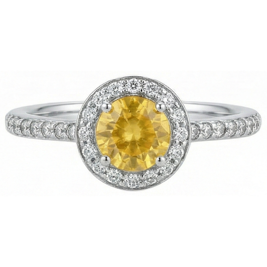 Halo-Ring aus Weißgold mit rundem gelben Saphir und Aus der Erde Abgebauter Natürlicher Diamanten 4.50 Karat