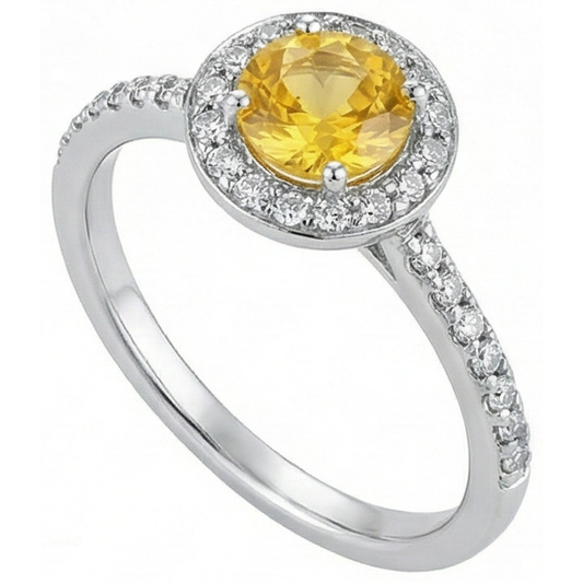 Halo-Ring aus Weißgold mit rundem gelben Saphir und Aus der Erde Abgebauter Natürlicher Diamanten 4.50 Karat