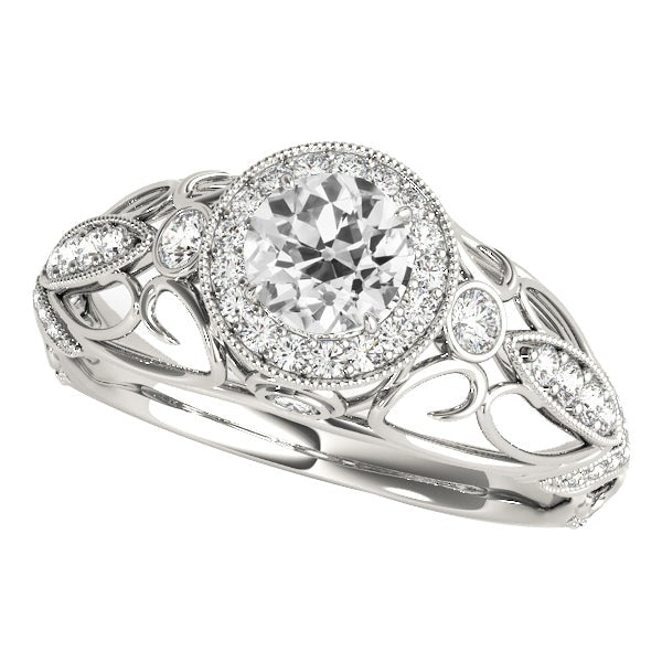 Halo-Ring im Stil mit 3 Steinen. rund. Echt Diamanten im alten Minenschliff 3.75 Karat Milgrain