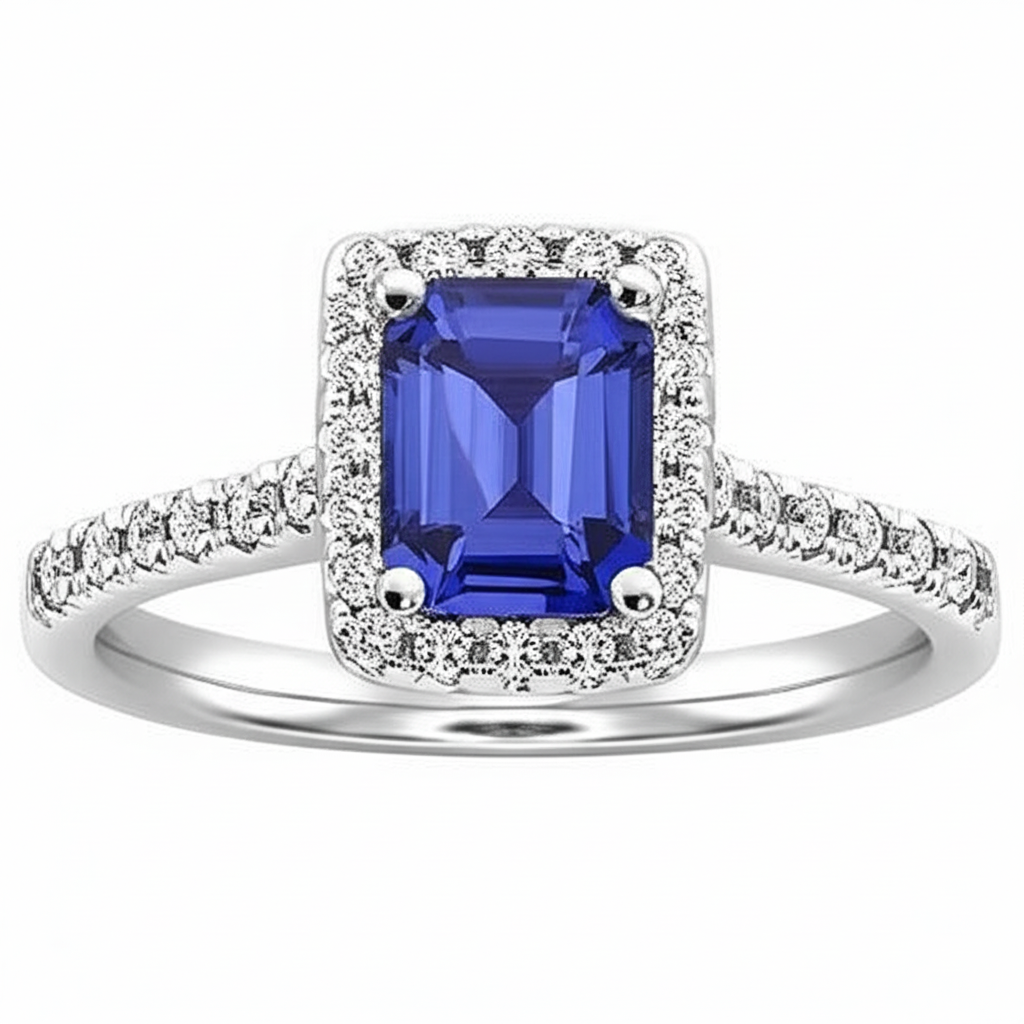 Halo-Ring mit blauem Saphir im Smaragdschliff und Aus der Erde Abgebauter Natürlicher Diamant 4,25 Karat
