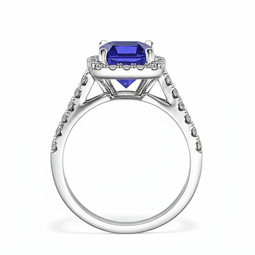Halo-Ring mit blauem Saphir im Smaragdschliff und Aus der Erde Abgebauter Natürlicher Diamant 4,25 Karat