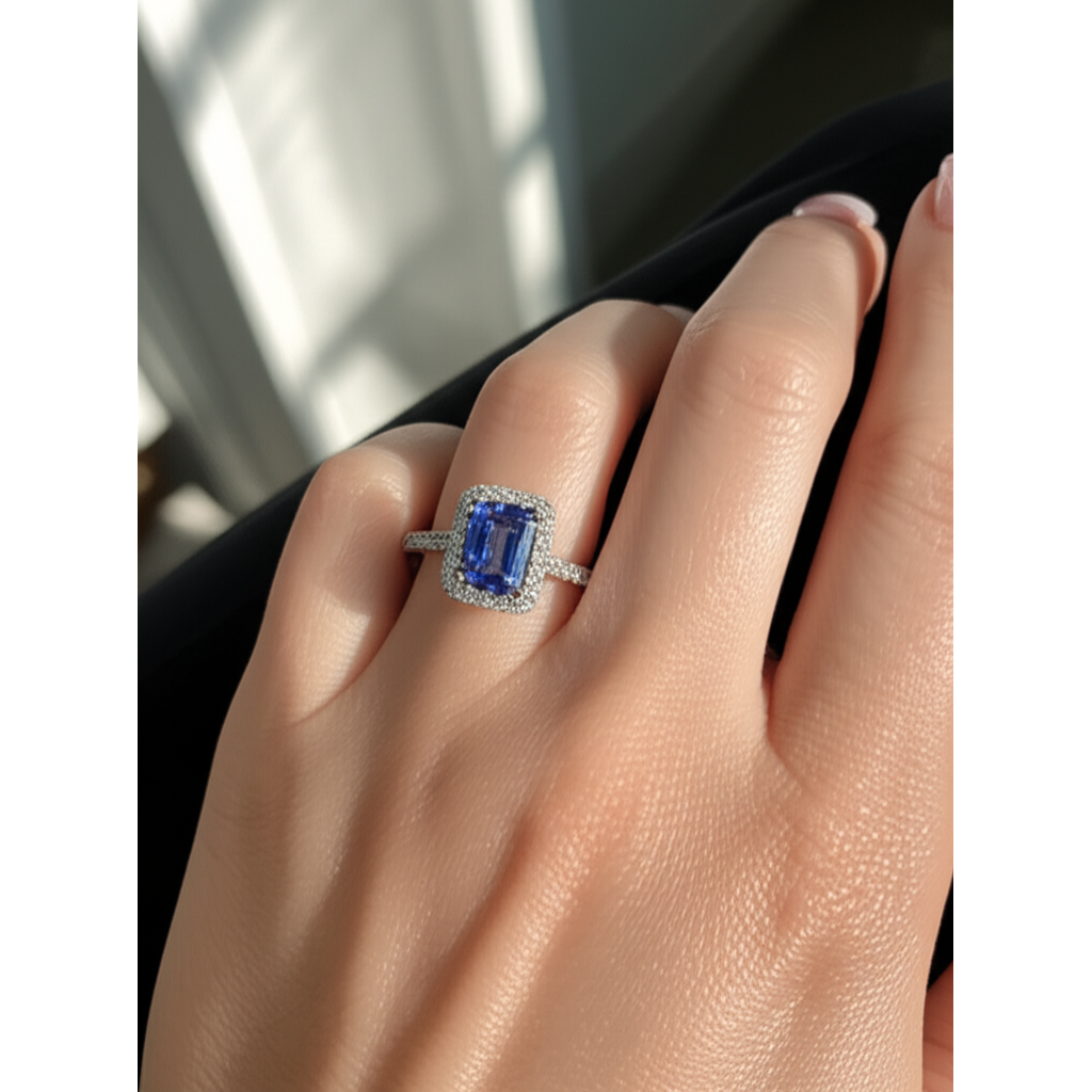 Halo-Ring mit blauem Saphir im Smaragdschliff und Aus der Erde Abgebauter Natürlicher Diamant 4,25 Karat