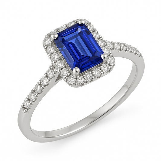 Halo-Ring mit blauem Saphir im Smaragdschliff und Aus der Erde Abgebauter Natürlicher Diamant 4,25 Karat