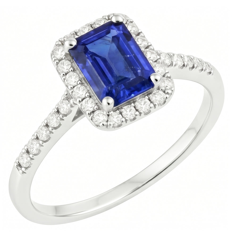 Halo-Ring mit blauem Saphir im Smaragdschliff und Aus der Erde Abgebauter Natürlicher Diamant 4,25 Karat