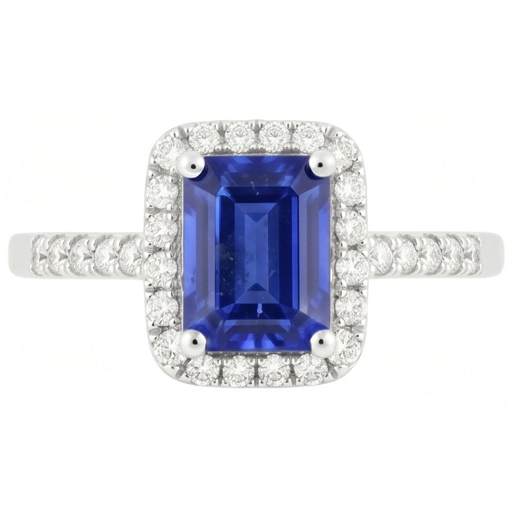 Halo-Ring mit blauem Saphir im Smaragdschliff und Aus der Erde Abgebauter Natürlicher Diamant 4,25 Karat