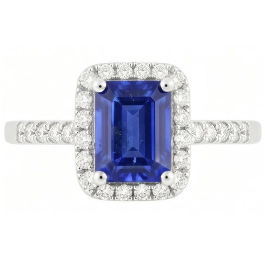 Halo-Ring mit blauem Saphir im Smaragdschliff und Aus der Erde Abgebauter Natürlicher Diamant 4,25 Karat
