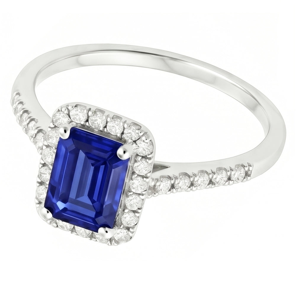 Halo-Ring mit blauem Saphir im Smaragdschliff und Aus der Erde Abgebauter Natürlicher Diamant 4,25 Karat