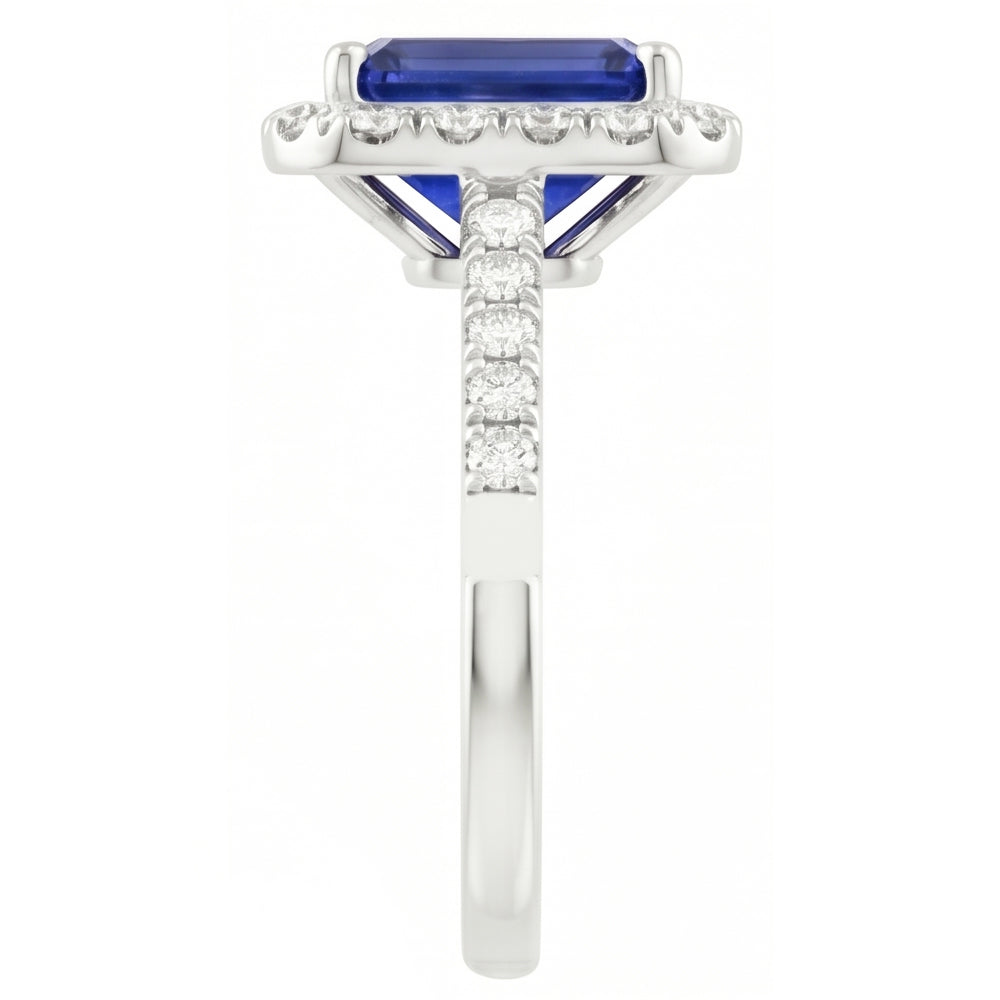 Halo-Ring mit blauem Saphir im Smaragdschliff und Aus der Erde Abgebauter Natürlicher Diamant 4,25 Karat