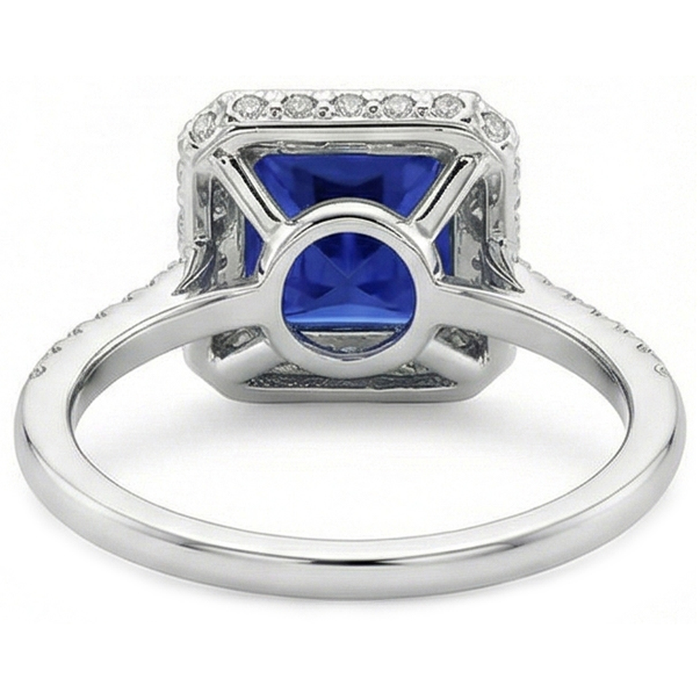 Halo-Ring mit rundem Aus der Erde Abgebauter Natürlicher Diamanten und blauem Saphir im Princess-Schliff, 6 Karat