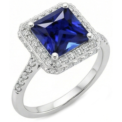 Halo-Ring mit rundem Aus der Erde Abgebauter Natürlicher Diamanten und blauem Saphir im Princess-Schliff, 6 Karat