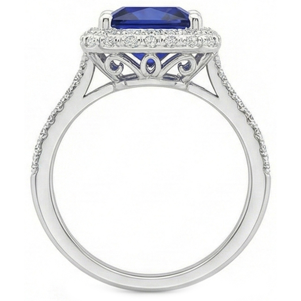 Halo-Ring mit rundem Aus der Erde Abgebauter Natürlicher Diamanten und blauem Saphir im Princess-Schliff, 6 Karat