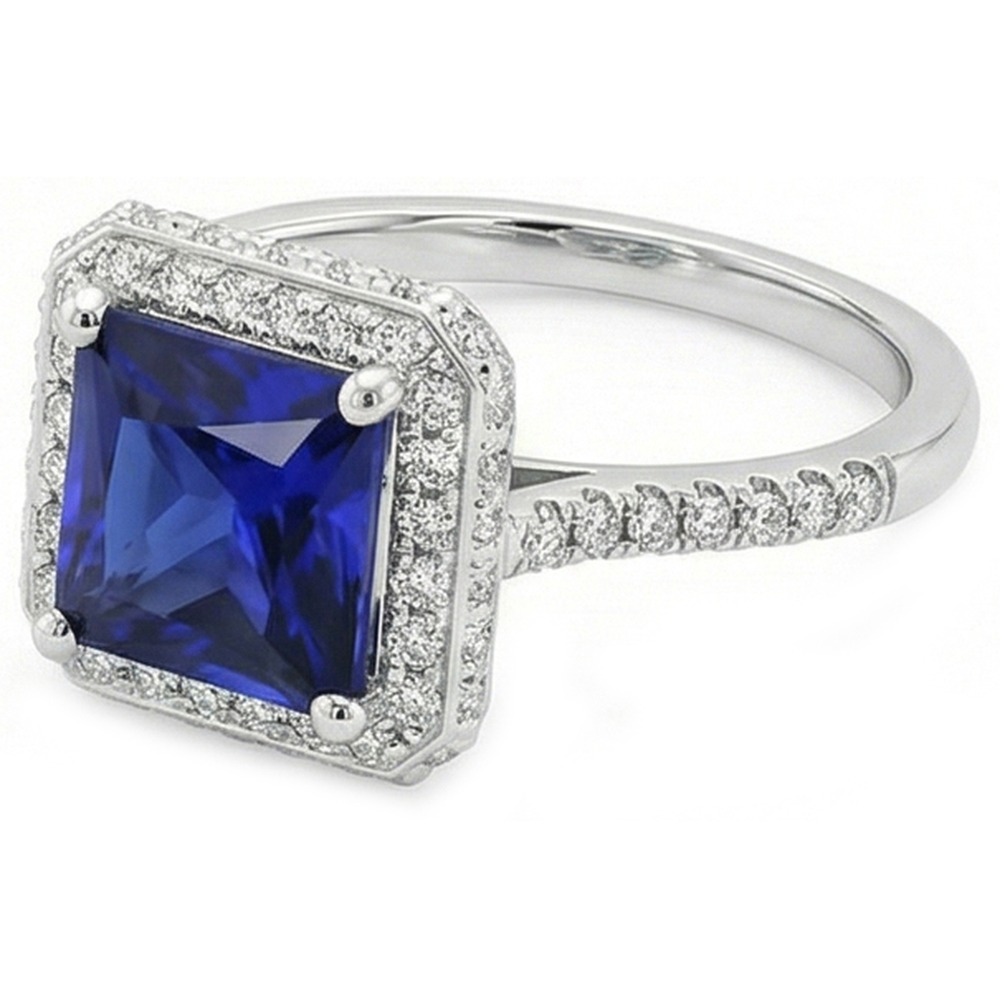 Halo-Ring mit rundem Aus der Erde Abgebauter Natürlicher Diamanten und blauem Saphir im Princess-Schliff, 6 Karat
