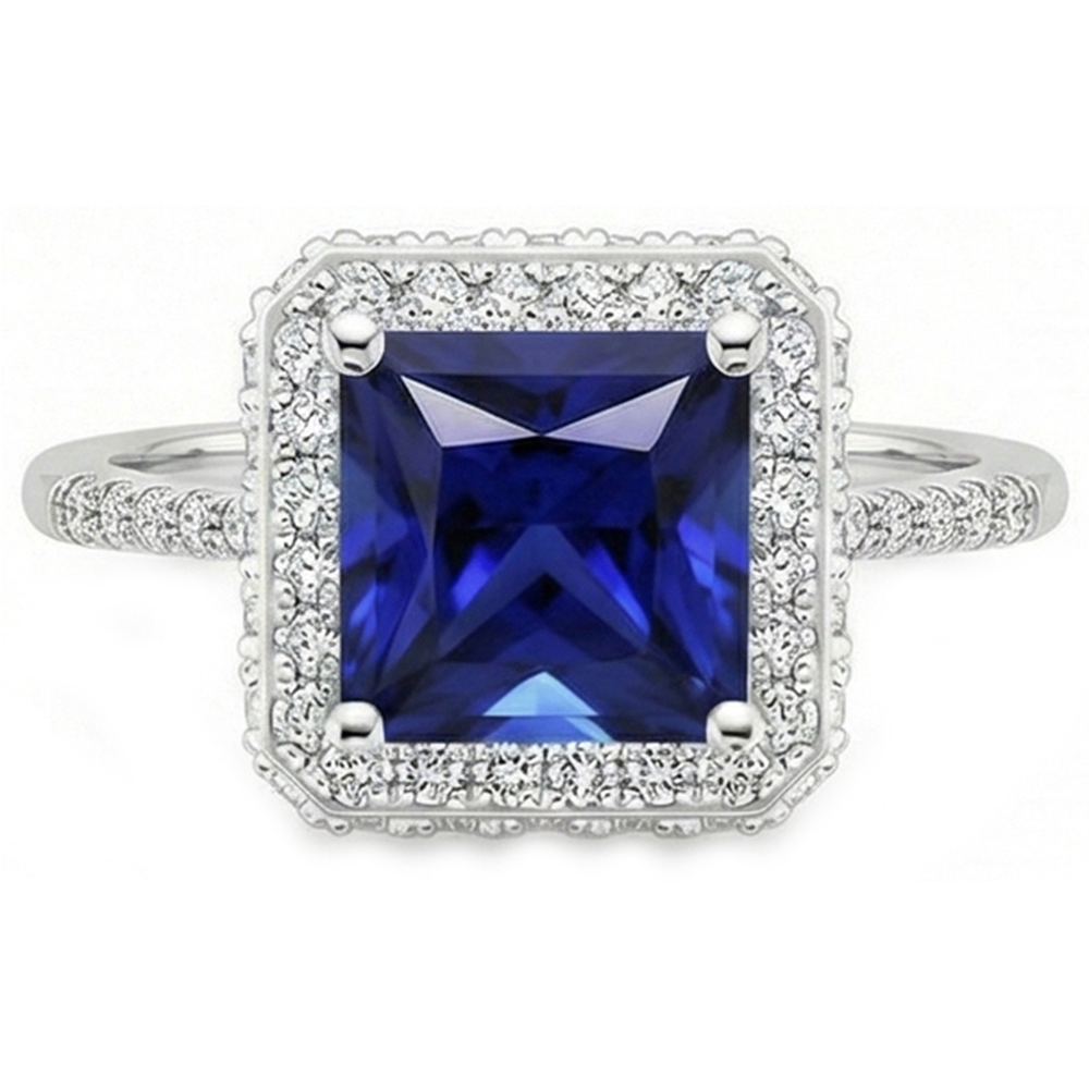 Halo-Ring mit rundem Aus der Erde Abgebauter Natürlicher Diamanten und blauem Saphir im Princess-Schliff, 6 Karat