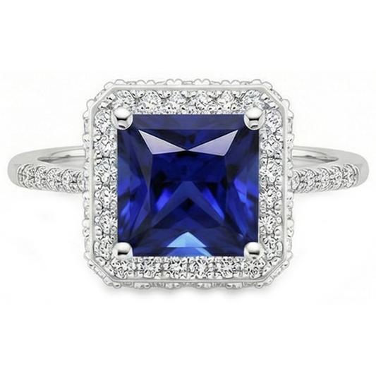Halo-Ring mit rundem Aus der Erde Abgebauter Natürlicher Diamanten und blauem Saphir im Princess-Schliff, 6 Karat