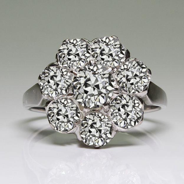 Halo-Ring runder alter Minenschliff-Echt Diamant-Blumen-Stil 9 Karat Gold