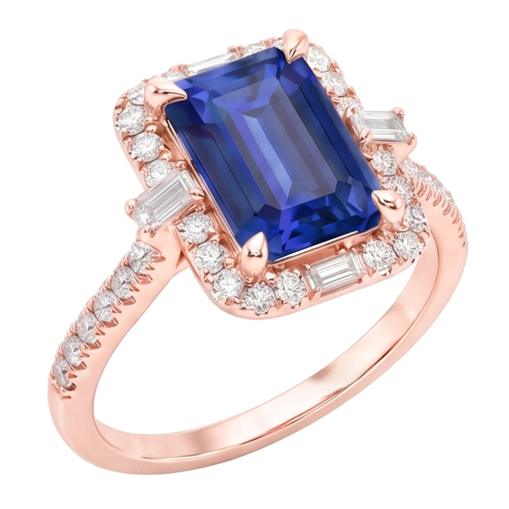 Halo Rose Gold Ring Smaragdblauer Saphir & Natürlicher Diamant ( nicht im Labor gezüchtet )en 3 Karat