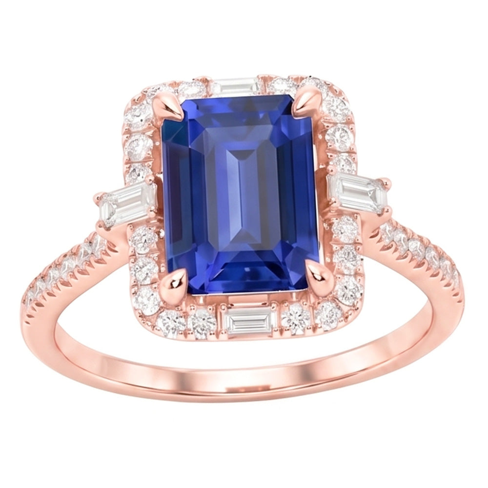 Halo Rose Gold Ring Smaragdblauer Saphir & Natürlicher Diamant ( nicht im Labor gezüchtet )en 3 Karat