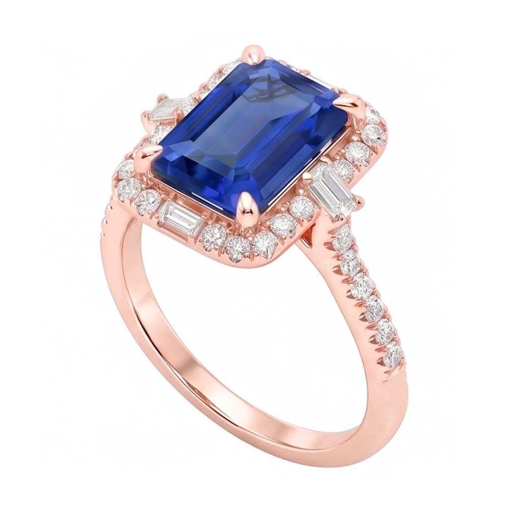 Halo Rose Gold Ring Smaragdblauer Saphir & Natürlicher Diamant ( nicht im Labor gezüchtet )en 3 Karat