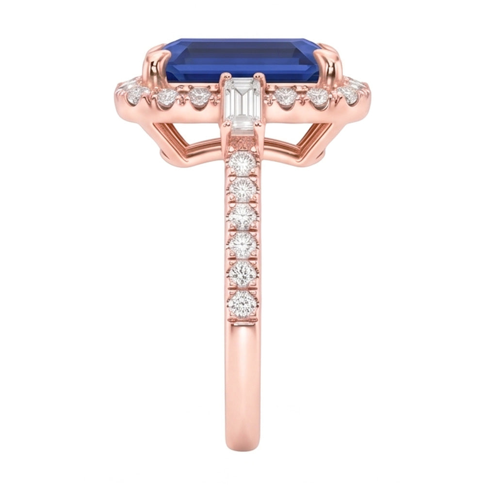 Halo Rose Gold Ring Smaragdblauer Saphir & Natürlicher Diamant ( nicht im Labor gezüchtet )en 3 Karat