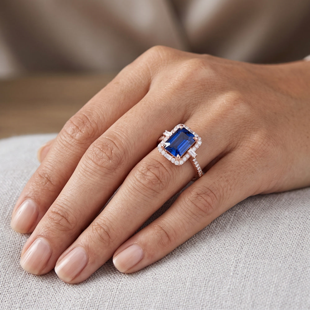 Halo Rose Gold Ring Smaragdblauer Saphir & Natürlicher Diamant ( nicht im Labor gezüchtet )en 3 Karat