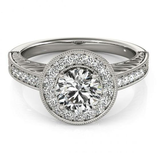 Halo Runden Echt  DiamantVintage Style Ring 1,25 Karat Graviert WG 14K